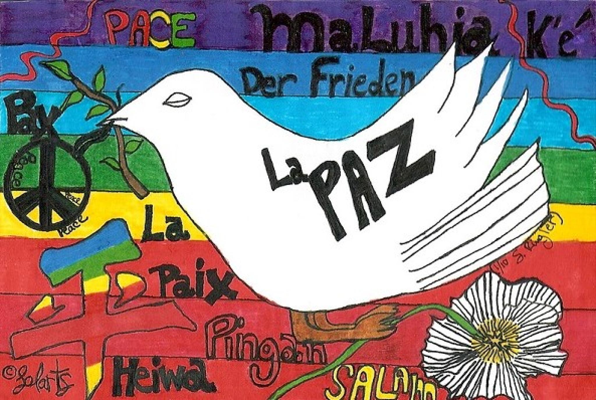 Image of handmade peace themed postcard with ‘peace’ in various languages by Stephanie at https://flic.kr/p/7v93W6 free to use under CC BY-ND 2.0 DEED licence 