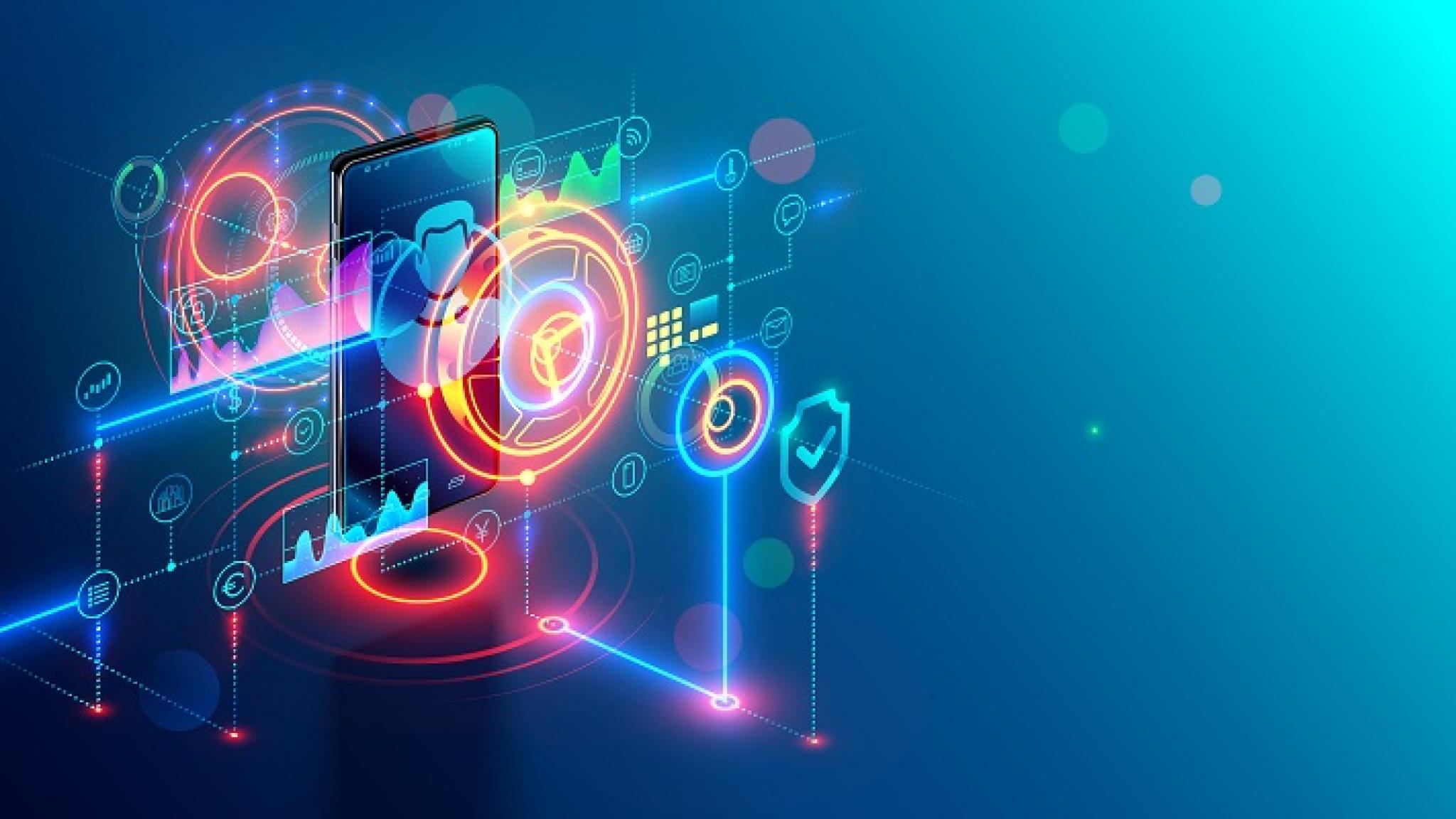 Graphic illustrating mobile phone with user profile silhouette overlaid with data science icons, indicating digital governance, by AndSus, used under Adobe Education licence.