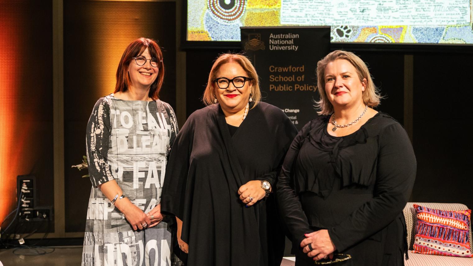 The College Dean, Professor Helen Sullivan, Scientia Professor Megan Davis and Director, Crawford School of Public Policy Janine O'Flynn The College Dean, Professor Helen Sullivan, Scientia Professor Megan Davis and Director, Crawford School of Public Policy Janine O'Flynn